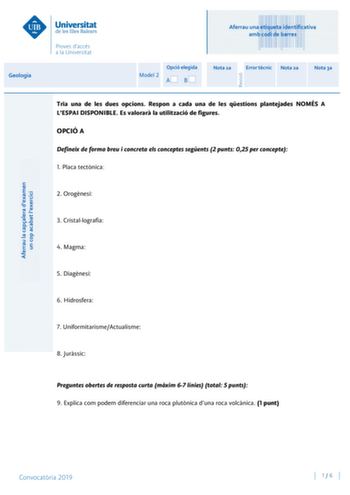 Examen de Geología y Ciencias Ambientales (PBAU de 2019)