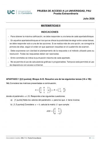 Matemáticas II – EBAU Cantabria (2026)