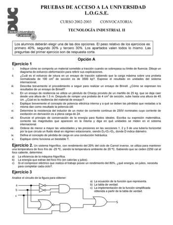 PRUEBAS DE ACCESO A LA UNIVERSIDAD LOGSE CURSO 20022003 CONVOCATORIA TECNOLOGÍA INDUSTRIAL II Los alumnos deberán elegir una de las dos opciones El peso relativo de los ejercicios es primero 40 segundo 30 y tercero 30 Los apartados valen todos lo mismo Las preguntas del primer ejercicio son de respuesta corta Ejercicio 1 Opción A i Indique cómo se comporta un material sometido a tracción cuando se sobrepasa su límite de fluencia Dibuje un diagrama de esfuerzodeformación para referir sus explica…