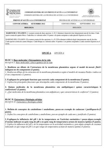Examen de Biología (PAU de 2012)