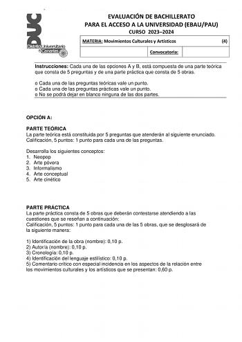 Examen de Movimientos Culturales y Artísticos (EBAU de 2024)