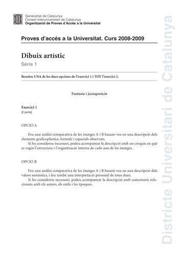 Districte Universitari de Catalunya Generalitat de Catalunya Consell lnteruniversitari de Catalunya Organització de Proves dAccés a la Universitat Proves daccés a la Universitat Curs 20082009 Dibuix artístic Srie 1 Resoleu UNA de les dues opcions de lexercici 1 i TOT lexercici 2 Fantasia i juxtaposició Exercici 1 2 punts OPCIÓ A Feu una anlisi comparativa de les imatges A i B basantvos en una descripció dels elements graficoplstics formals i espacials observats Si ho considereu necessari podeu …