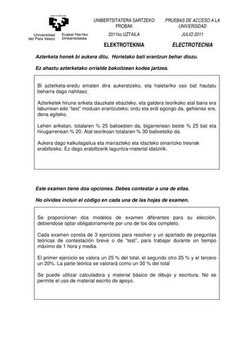 Examen de Electrotecnia (PAU de 2011)