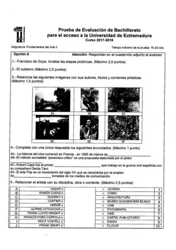 Prueba de Evaluación de Bachillerato para el acceso a la Universidad de Extremadura Curso 20172018 Asignatura Fundamentos del Arte 11 Tiempo máximo de la prueba 1h30 min Opción A Atención Responder en el cuadernillo adjunto al examen 1 Francisco de Goya Analiza las etapas pictóricas Máximo 25 puntos 2 El cubismo Máximo 25 puntos 3 Relaciona las siguientes imágenes con sus autores títulos y corrientes artísticas Máximo 15 puntos 4 Completa con una única respuesta los siguientes enunciados Máximo…