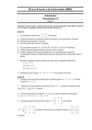 Examen de Matemáticas II (selectividad de 2005)