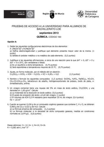 Examen de Química (PAU de 2013)