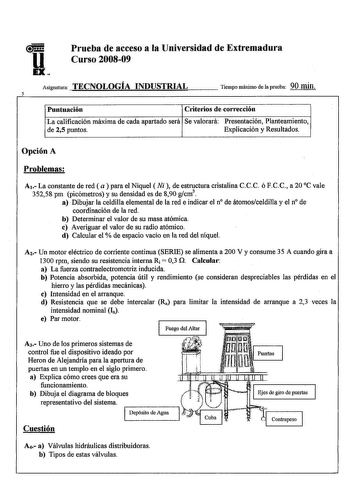 u EX Prueba de acceso a la Universidad de Extremadura Curso 200809 Asignatura TECNOLOGÍA INDUSTRIAL 5 Tiempo máximo de la prueba 90 min Puntuación C1iterios de corrección La calificación máxima de cada apartado será Se valorará Presentación Planteamiento de 25 puntos Explicación y Resultados Opción A Problemas A1 La constante de red a para el Níquel Ni de estructura cristalina CCC ó FCC a 20 C vale 35258 pm picómetros y su densidad es de 890 gcm3  a Dibujar la celdilla elemental de la red e ind…