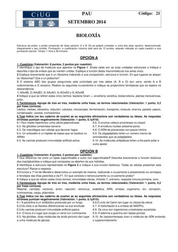 Examen de Biología (PAU de 2014)