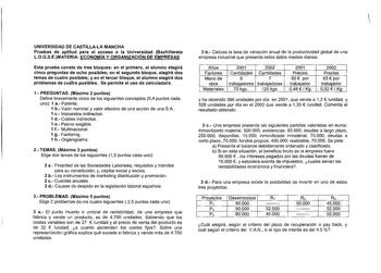 1  UNIVERSIDAD DE CASTILLALA MANCHA Pruebas de aptitud para el aceso a la Univesidad Bachillerato LOGSEMATERIA ECONOMIA Y ORGANIZACION DE EMPRESAS Esta prueba consta de tres bloques en el primero el alumno elegirá cinco preguntas de ocho posibles en el segundo bloque elegirá dos temas de cuatro posibles y en el tercer bloque el alumno elegirá dos problemas de cualro posibles Se permite el uso de calculadora 1 PREGUNTAS Máximo 2 puntos Define brevemente cinco de los siguientes conceptos 04 punto…