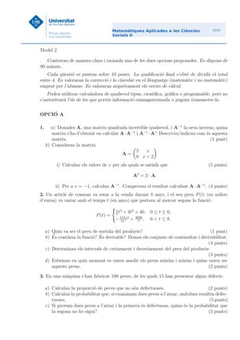 Examen de Matemáticas Aplicadas a las Ciencias Sociales (PBAU de 2019)