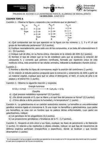 UNIVERSIDAD DE 1     MURCIA 1 1 Ih Región de Murcia Universidad Politécnica de Cartagena PRUEBAS DE ACCESO A LA UNIVERSIDAD PARA EL ALUMNADO DE BACHILLERATO 140 BIOLOGÍA JUNIO 2015 EXAMEN TIPO A Cuestión 1 Observe la figura y responda a las cuestiones que se plantean1 O C H HO C1 H CH2OH 1 O C H H 1 C OH 1 H C OH H 1 C  OH 1 CH2OH 2 O C H HCH H C1 OH 1 H C OH CH2OH 3 O C H H C1 OH 1 HO C H H C1  OH H 1 C  OH 1 CH2OH 4 a Qué compuestos son los que aparecen en la figura con los números 1 2 3 y 4 …