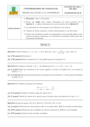 Examen de Matemáticas II (selectividad de 2004)