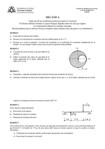 Examen de Mecánica (selectividad de 1999)