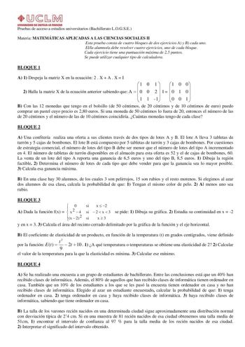 Examen de Matemáticas Aplicadas a las Ciencias Sociales (selectividad de 2009)