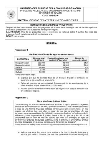 UNIVERSIDADES PÚBLICAS DE LA COMUNIDAD DE MADRID PRUEBA DE ACCESO A LAS ENSEÑANZAS UNIVERSITARIAS OFICIALES DE GRADO Curso 20152016 MATERIA CIENCIAS DE LA TIERRA Y MEDIOAMBIENTALES INSTRUCCIONES GENERALES Y VALORACIÓN Después de leer atentamente todas las preguntas el alumno deberá escoger una de las dos opciones propuestas y responder a las cuestiones de la opción elegida CALIFICACIÓN Una de las preguntas con 4 cuestiones se valorará sobre 4 puntos las otras dos preguntas con 3 cuestiones sobr…