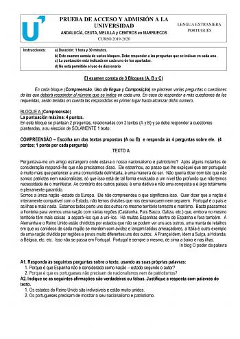 Examen de Portugués (PEvAU de 2020)