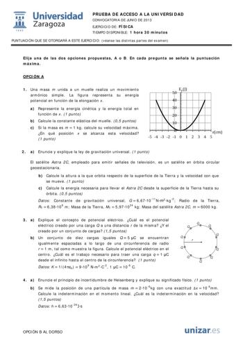  Universidad fil Zaragoza 1542 PRUEBA DE ACCESO A LA UNIVERSIDAD CONVOCATORIA DE JUNIO DE 2013 EJERCICIO DE FÍSICA TIEMPO DISPONIBLE 1 hora 30 minutos PUNTUACIÓN QUE SE OTORGARÁ A ESTE EJERCICIO véanse las distintas partes del examen Elija una de las dos opciones propuestas A o B En cada pregunta se señala la puntuación máxima OPCIÓN A 1 Una masa m unida a un muelle realiza un movimiento armónico simple La figura representa su energía potencial en función de la elongación x a Represente la ener…