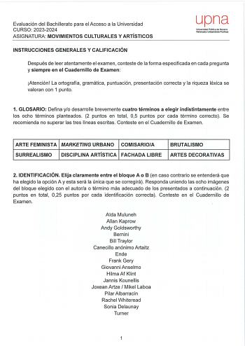 Examen de Movimientos Culturales y Artísticos (EvAU de 2024)