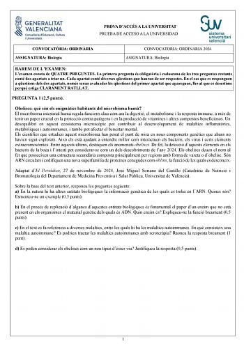 Biología – PAU Comunidad Valenciana (2026)