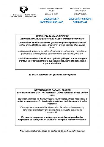 Examen de Geología y Ciencias Ambientales (EAU de 2025)