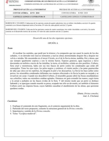 VALENCIANA CONSELLERIA DEDUCACIÓ COMISSIÓ GESTORA DE LES PROVES DACCÉS A LA UNIVERSITAT COMISIÓN GESTORA DE LAS PRUEBAS DE ACCESO A LA UNIVERSIDAD  111  SISTEMA UNIVERSITARI VALENCIÁ SISTE1VIA lJNIVERSITARIO VALENCIANO PROVES DACCÉS A LA UNIVERSITAT CONVOCATRIA JUNY 2010 PRUEBAS DE ACCESO A LA UNIVERSIDAD CONVOCATORIA JUNIO 2010 LITERATURA UNIVERSAL LITERATURA UNIVERSAL BAREM DE LEXAMENCadascunadelesopcionsconstadequatreqestionstresestrobenvinculadesauntextilaquarta consisteixeneldesenvolupamen…