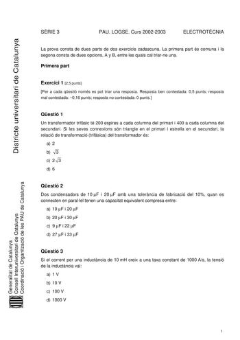 Examen de Electrotecnia (selectividad de 2003)