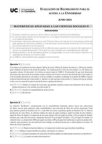 Examen de Matemáticas Aplicadas a las Ciencias Sociales (EBAU de 2024)