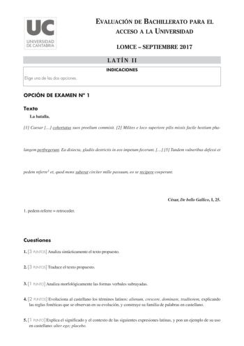 Examen de Latín II (EBAU de 2017)