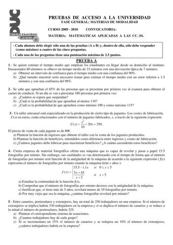 Examen de Matemáticas Aplicadas a las Ciencias Sociales (PAU de 2010)
