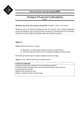 UIB M Prova daccés a la Universitat 2008 Tcniques dExpressió Graficoplstica Model 3 Realitzau una de les dues opcions proposades Durada 2 hores i 30 minuts Observau que no es demana lacabament total de lexercici sinó el desenvolupament inicial ben plantejat que us pugui permetre continuarlo hipotticament en una jornada distinta de la dara Llegiu bé lenunciat abans de comenar lexercici Opció A Prova Puntuació mxima 10 punts a Reproduu el model donat emprant la tcnica del puntillisme b Explicau c…