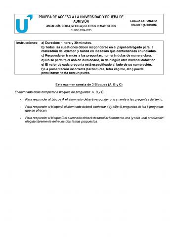 Examen de Francés (PEvAU de 2025)