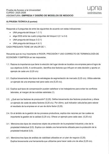 Empresa y Diseño de Modelos de Negocio – EvAU Navarra (2026)