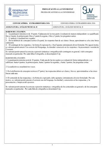 Análisis Musical – PAU Comunidad Valenciana (2026)