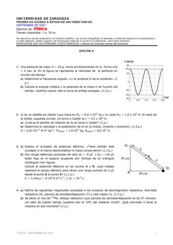 UNIVERSIDAD DE ZARAGOZA PRUEBA DE ACCESO A ESTUDIOS UNIVERSITARIOS SEPTIEMBRE DE 2007 Ejercicio de FÍSICA Tiempo disponible 1 h 30 m Se valorará el uso de vocabulario y la notación científica Los errores ortográficos el desorden la falta de limpieza en la presentación y la mala redacción podrán suponer una disminución hasta de un punto en la calificación salvo casos extremos PUNTUACIÓN QUE SE OTORGARÁ A ESTE EJERCICIO véanse las distintas partes del examen OPCIÓN A 1 Una partícula de masa m  20…