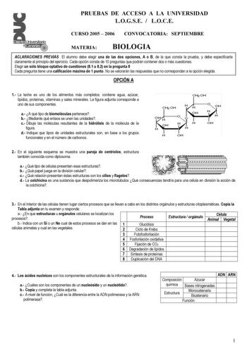 PRUEBAS DE ACCESO A LA UNIVERSIDAD LOGSE  LOCE CURSO 2005  2006 CONVOCATORIA SEPTIEMBRE MATERIA BIOLOGIA ACLARACIONES PREVIAS El alumno debe elegir una de las dos opciones A o B de la que consta la prueba y debe especificarla claramente al principio del ejercicio Cada opción consta de 10 preguntas que podrán contener dos o más cuestiones Elegir un sólo bloque optativo de cuestiones 81 u 82 en la pregunta 8 Cada pregunta tiene una calificación máxima de 1 punto No se valorarán las respuestas que…