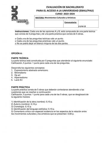 Examen de Movimientos Culturales y Artísticos (EBAU de 2024)