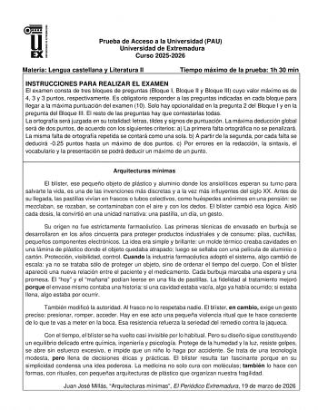 Lengua Castellana y Literatura – EBAU Extremadura (2026)