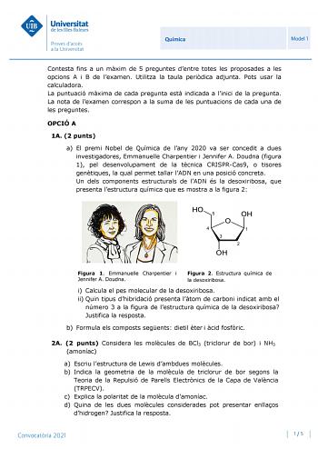 Química Model 1 Contesta fins a un mxim de 5 preguntes dentre totes les proposades a les opcions A i B de lexamen Utilitza la taula peridica adjunta Pots usar la calculadora La puntuació mxima de cada pregunta est indicada a linici de la pregunta La nota de lexamen correspon a la suma de les puntuacions de cada una de les preguntes OPCIÓ A 1A 2 punts a El premi Nobel de Química de lany 2020 va ser concedit a dues investigadores Emmanuelle Charpentier i Jennifer A Doudna figura 1 pel desenvolupa…