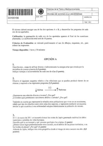 Examen de Ciencias de la Tierra y Medioambientales (PAU de 2011)