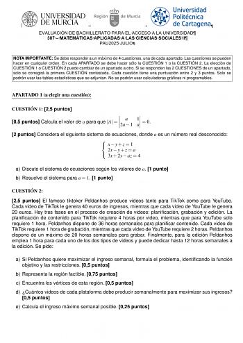 Examen de Matemáticas Aplicadas a las Ciencias Sociales (EBAU de 2025)