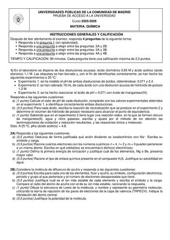 Química – EvAU Comunidad de Madrid (2026)