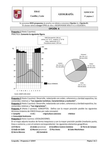 EBAU Castilla y León GEOGRAFÍA EJERCICIO N páginas 2 Se presentan DOS propuestas de prueba con idéntica estructura Opción A y Opción B El alumno deberá escoger UNA de ellas y RESPONDER SÓLO A LA ELEGIDA OPCIÓN A Pregunta 1 Hasta 2 puntos PRÁCTICA Comente la siguiente figura Pregunta 2 Hasta 2 puntos Desarrolle redactando con orden coherencia y claridad expositiva los contenidos relativos a Los espacios turísticos Características y evolución Pregunta 3 Hasta 2 puntos Desarrolle redactando con or…