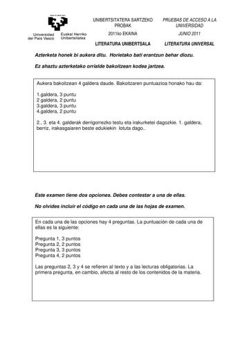 Examen de Literatura Universal (PAU de 2011)