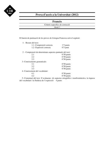 UIB M Prova daccés a la Universitat 2012 Francs Criteris específics de correcció Model 3 El barem de puntuació de les proves de Llengua Francesa ser el segent 1 Resum del text 11 Comprensió correcta 12 Expressió correcta 15 punts 05 punt 2  Comprensió de determinats aspectes puntuals del text 21 050 punts 22 050 punts 23 050 punts 3 Coneixements gramaticals 31 050 punts 32 050 punts 33 050 punts 4 Coneixement del vocabulari 41 050 punts 42 050 punts 5 Comentari del text Savaluaran els aspectes …