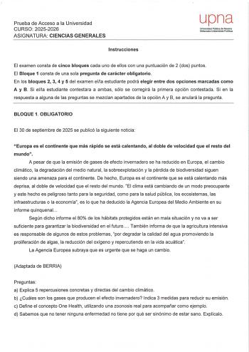 Ciencias Generales – EvAU Navarra (2026)