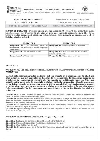 Examen de Ciencias de la Tierra y Medioambientales (PAU de 2012)