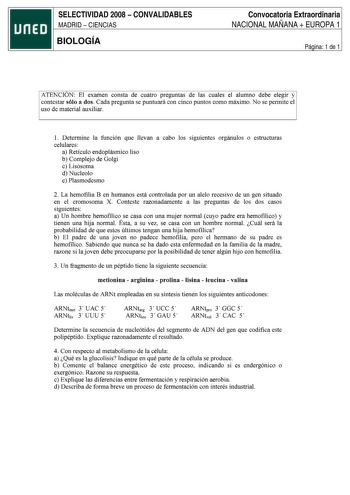 SELECTIVIDAD 2008  CONVALIDABLES MADRID  CIENCIAS BIOLOGÍA Convocatoria Extraordinaria NACIONAL MAÑANA  EUROPA 1 Página 1 de 1 ATENCION El examen consta de cuatro preguntas de las cuales el alumno debe elegir y contestar sólo a dos Cada pregunta se puntuará con cinco puntos como máximo No se permite el uso de material auxiliar 1 Determine la función que llevan a cabo los siguientes orgánulos o estructuras celulares a Retículo endoplásmico liso b Complejo de Golgi c Lisosoma d Nucleolo e Plasmod…