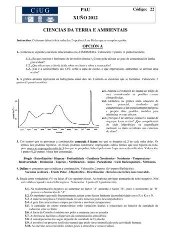 CiUG COM ISIÓN INTERUNIVERSITAR IA DE GALIC IA PAU XUÑO 2012 Código 22 CIENCIAS DA TERRA E AMBIENTAIS Instrucións O alumno deberá elixir unha das 2 opcións A ou B das que se compón a proba OPCIÓN A 1 Contesta as seguintes cuestións relacionadas coa ATMOSFERA Valoración 3 puntos 1 puntocuestión 11 En que consiste o fenómeno de inversión térmica Como pode afectar ao grao de contaminación dunha gran cidade 12 Que efecto ten a chuvia ácida sobre os chans e sobre a vexetación 13 Cal é a acciónefecto…