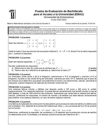 Examen de Matemáticas Aplicadas a las Ciencias Sociales (EBAU de 2023)