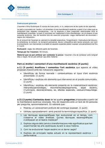 Examen de Artes Escénicas (PBAU de 2025)